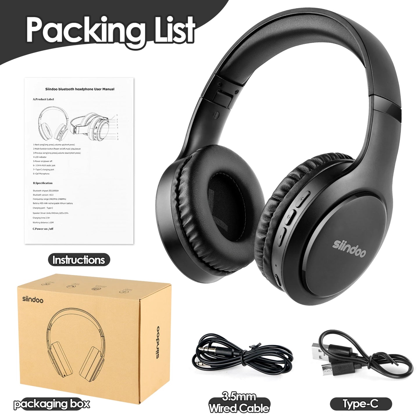 Siindoo JH-919 Wireless Headphones Super Bass